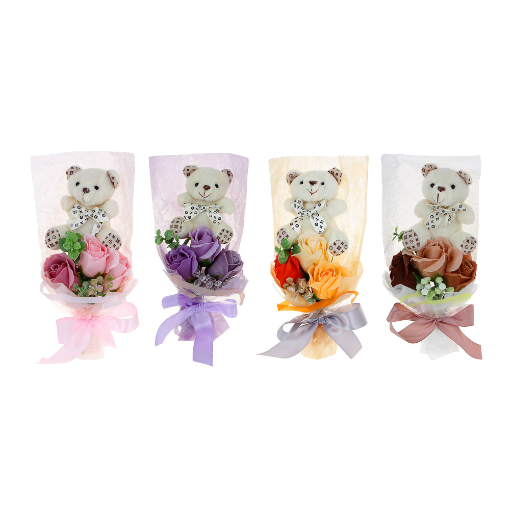 LADECOR Букет из мыльных лепестков, с сувенирным мишкой, 26x11x6,5 см, 4 цвета, арт k-685, арт.№ 516-007