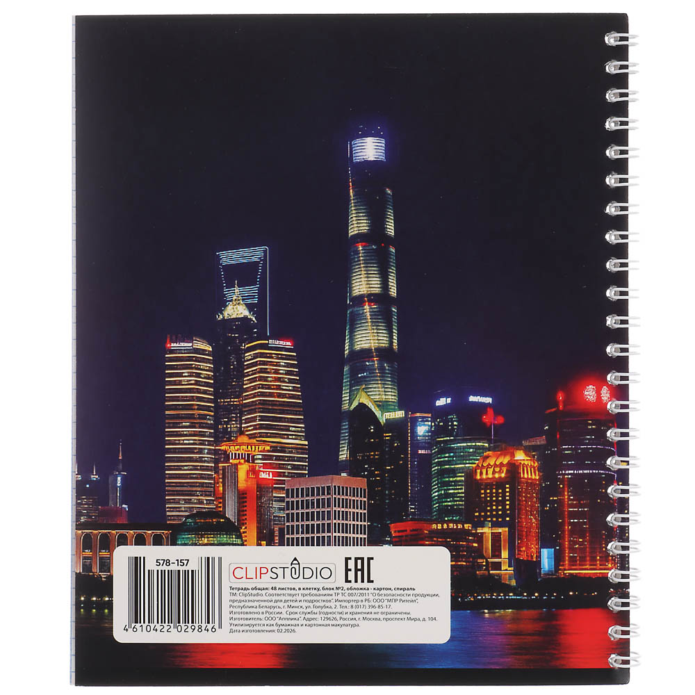 Тетрадь общая 48 листов в клетку, блок №2, обложка картон, спираль 5 дизайнов, арт.№ 578-157