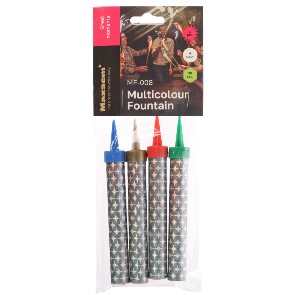 Фонтан свеча для торта, разноцветный поток искр: красн., зелен., синий, желт 10-12,5см. 30сек. 4 шт, арт.№ 506-254