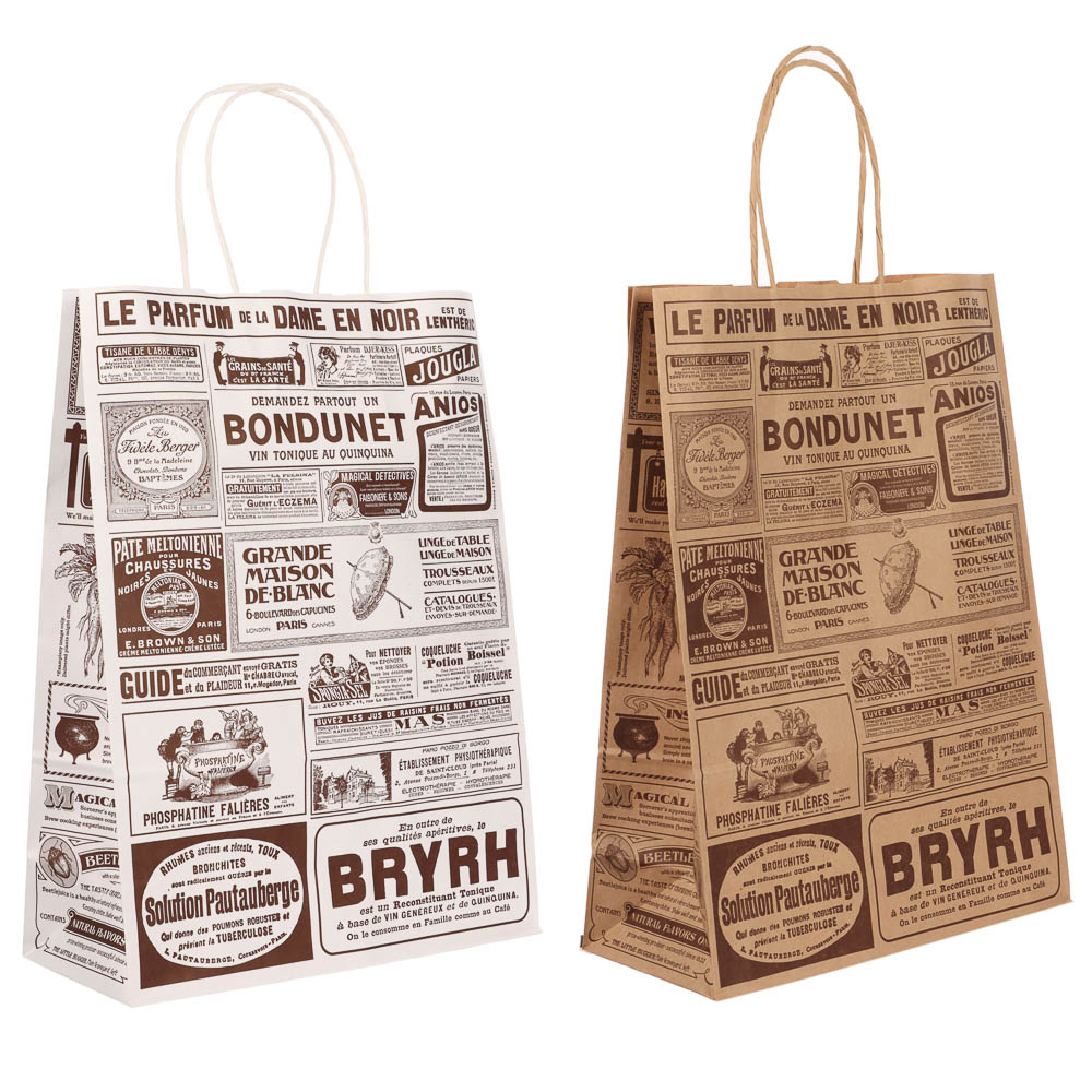 Пакет подарочный с кручеными ручками крафт 24x10,5x32см, "Газета", в ассортименте, арт.№ 507-504