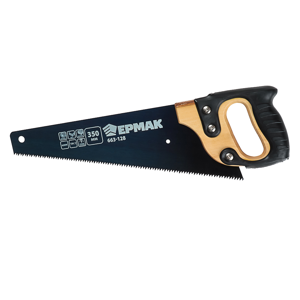 ЕРМАК Ножовка по дереву 350мм с деревянной обрезиненной ручкой, универсальный зуб, 4 мм, арт.№ 663-128