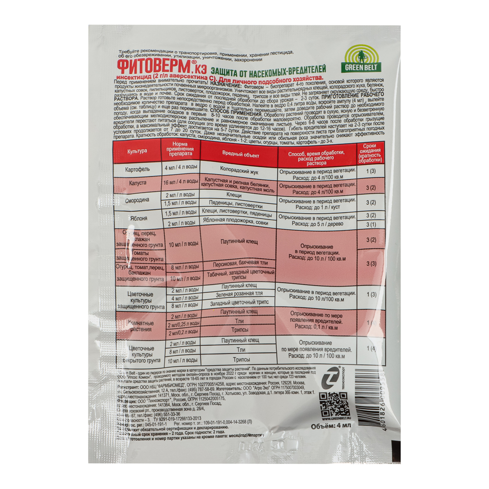 Препарат от вредителей Фитоверм, 4 мл GREEN BELT, арт.№ 189-219