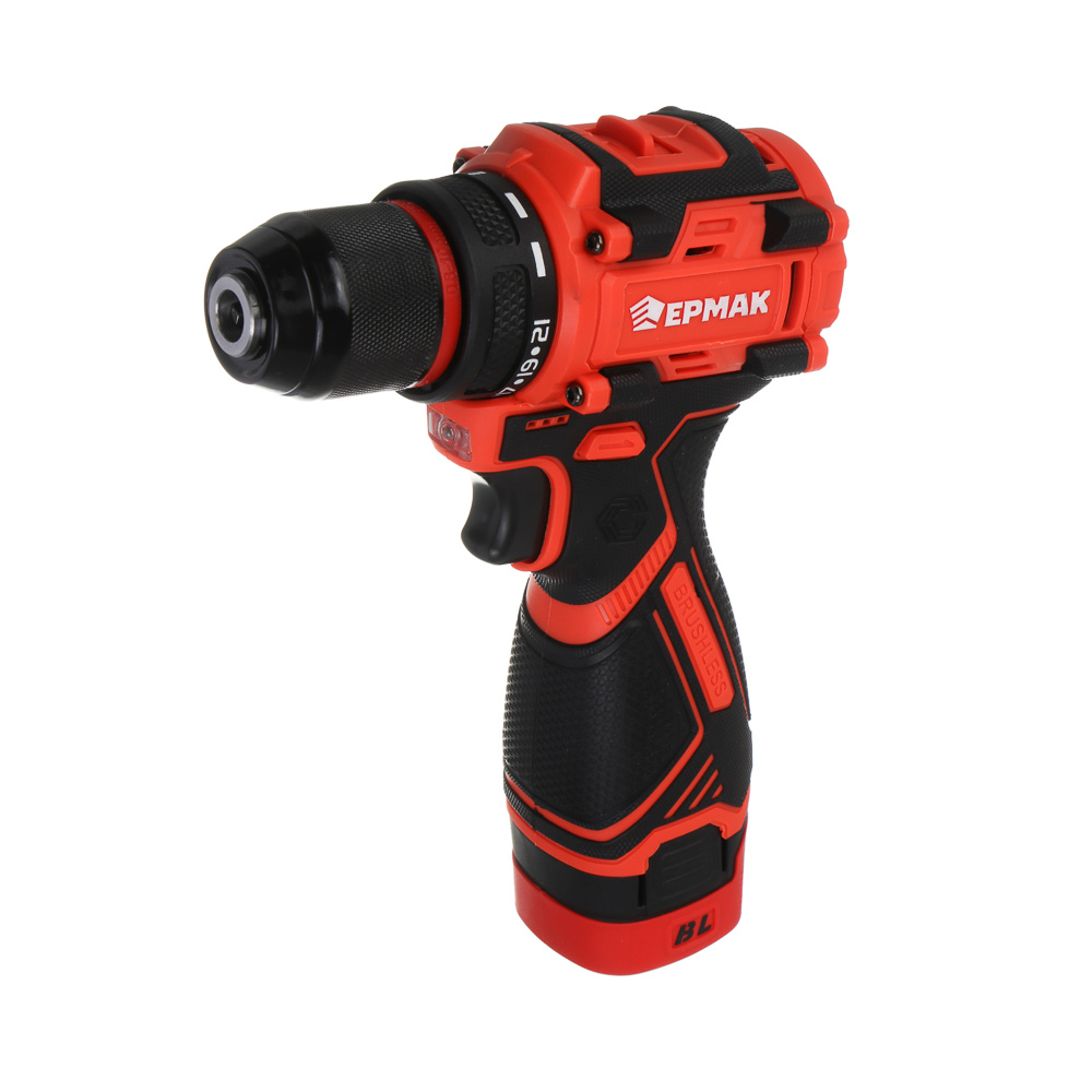 ЕРМАК Дрель-Шуруповерт бесщеточный в кейсе, 2 АКБ, 20в/2А, короткий корпус, арт.№ 691-089