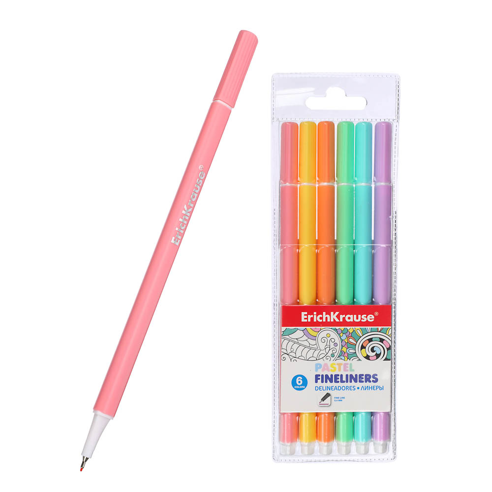 Erich Krause Набор линеров "Пастель", 6 цветов, 0,4 мм, пластик, пенал, арт.№ 693-074