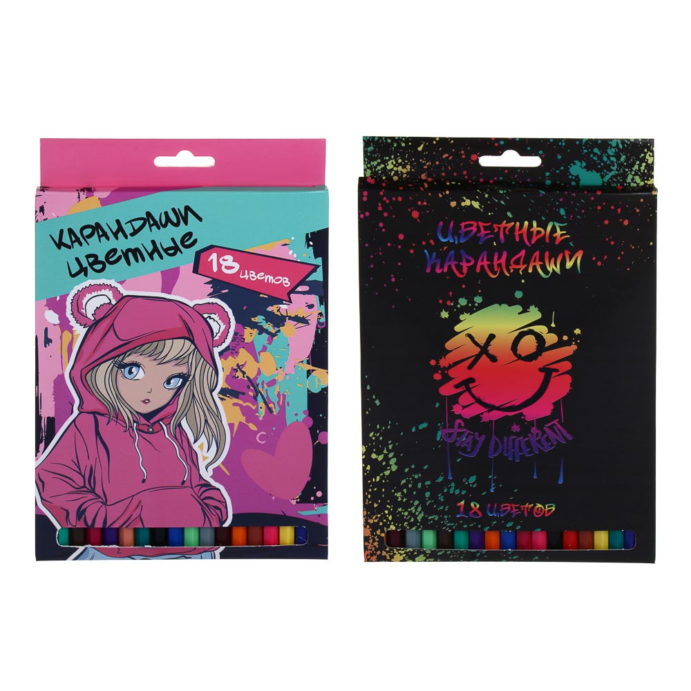 Карандаши пластиковые шестигранные, 18 цв., "Аниме/Смайл", заточенные, цветная коробка, арт.№ 524-269