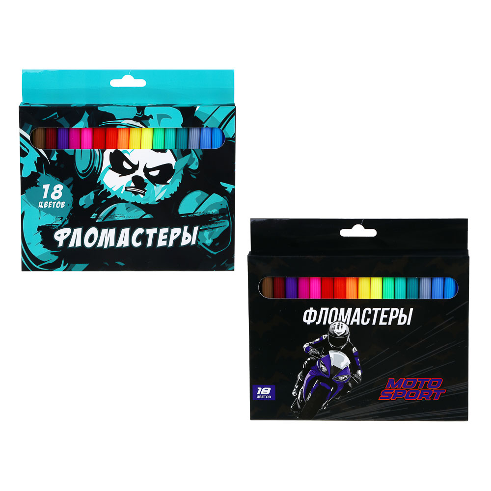 Фломастеры 18 цветов, "Мотоспорт/Бэд Панда", смываемые, цветной вентил. колпачок, цветная коробка, арт.№ 524-271
