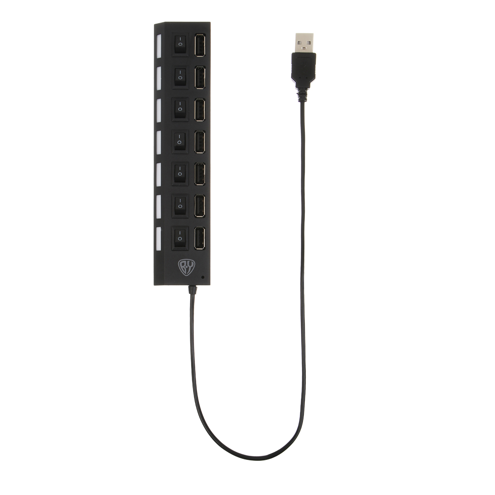 USB-хаб 7xUSB2.0 BY с выключателями, кабель USB(A) 15см, пластик, чёрный, арт.№ 405-107