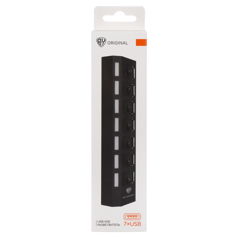 USB-хаб 7xUSB2.0 BY с выключателями, кабель USB(A) 15см, пластик, чёрный, арт.№ 405-107