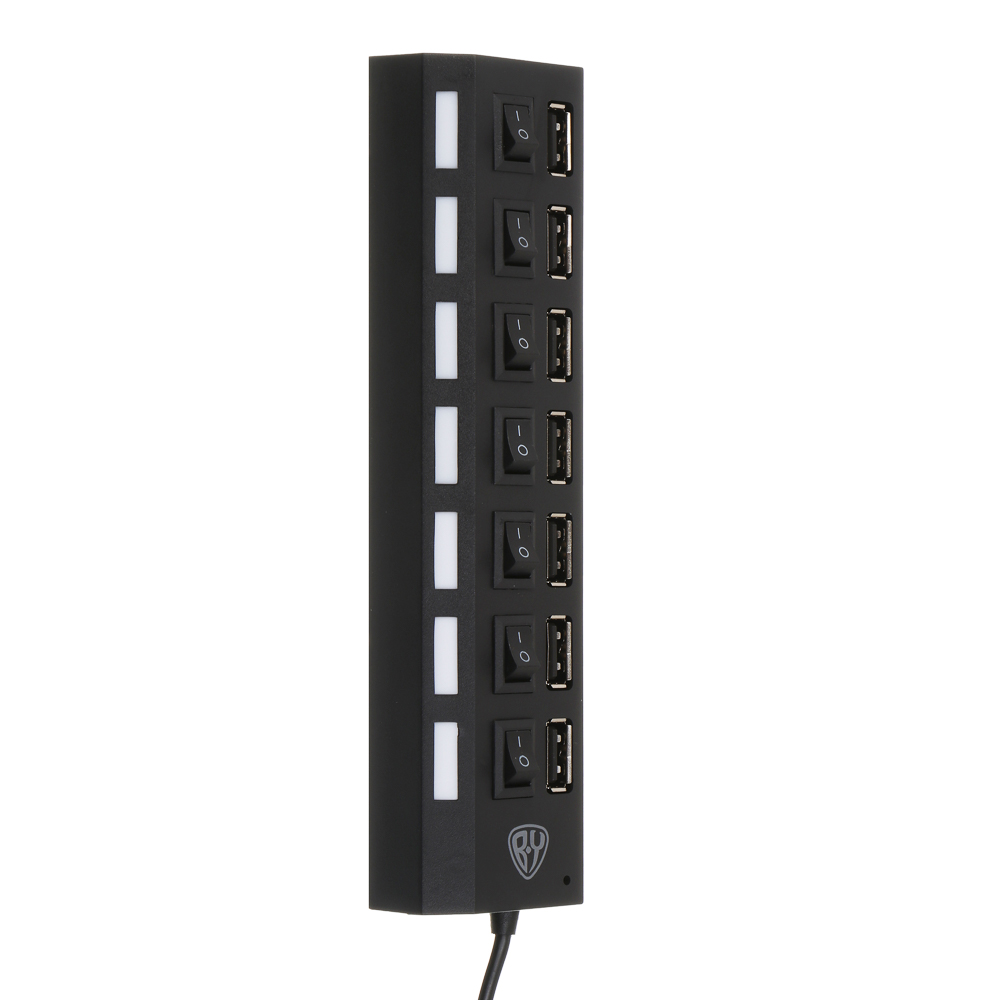 USB-хаб 7xUSB2.0 BY с выключателями, кабель USB(A) 15см, пластик, чёрный, арт.№ 405-107