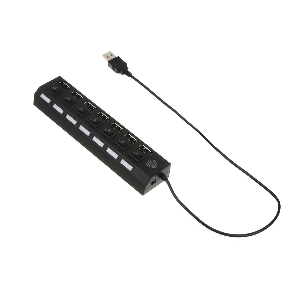 USB-хаб 7xUSB2.0 BY с выключателями, кабель USB(A) 15см, пластик, чёрный, арт.№ 405-107