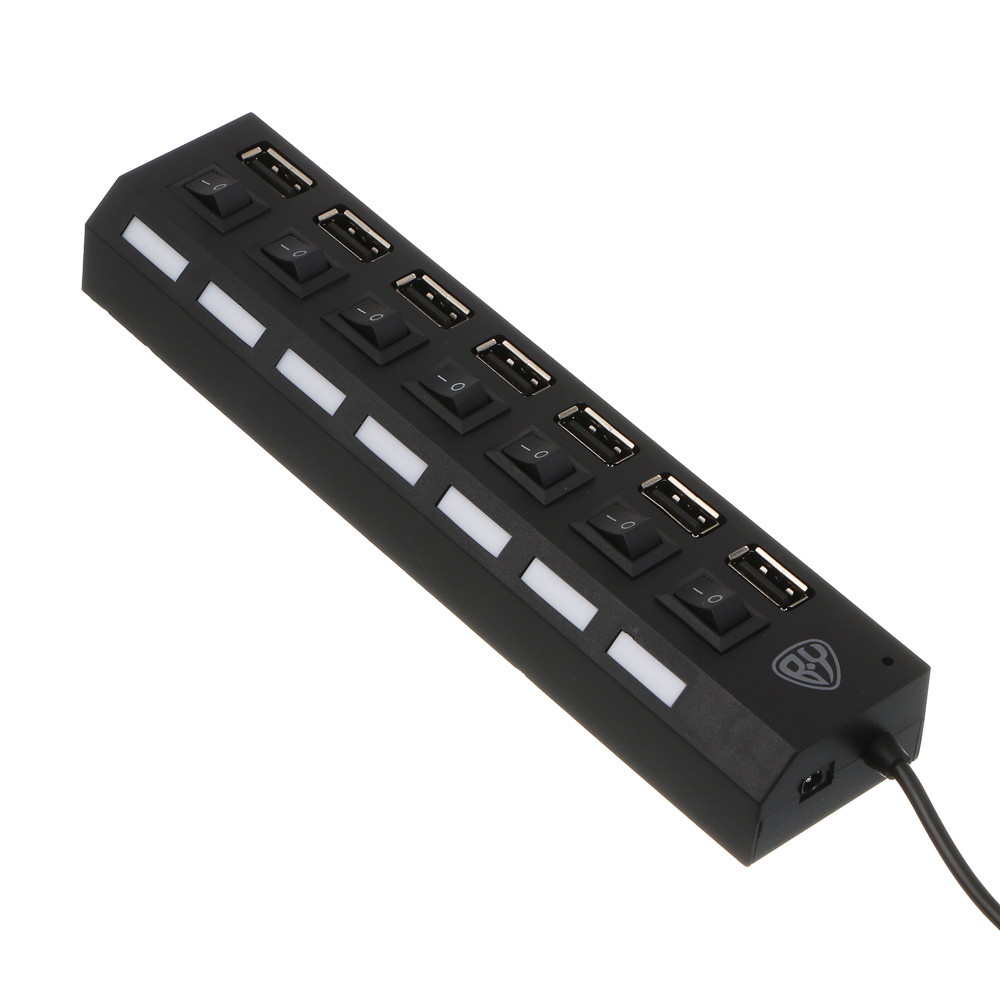 USB-хаб 7xUSB2.0 BY с выключателями, кабель USB(A) 15см, пластик, чёрный, арт.№ 405-107