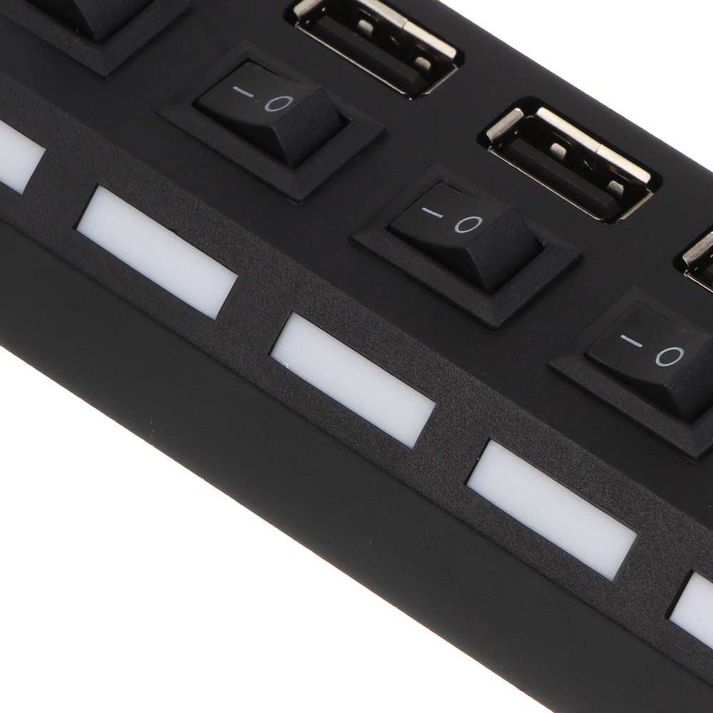 USB-хаб 7xUSB2.0 BY с выключателями, кабель USB(A) 15см, пластик, чёрный, арт.№ 405-107