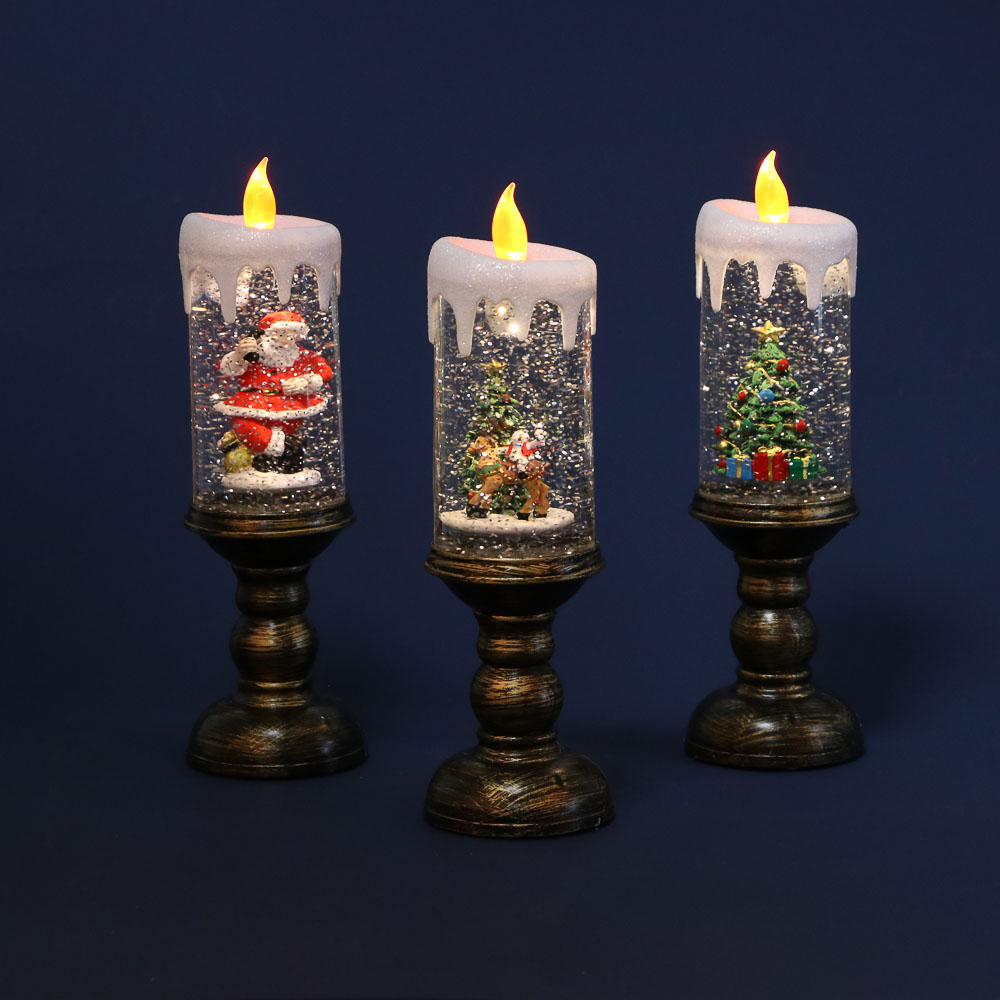Светильник декоративный LED в виде свечи со снегом СНОУ БУМ, 8х8х27 см, 2 режима, PC, ABS, вода, 3хAAA/USB, 3 дизайна, арт.№ 185-115