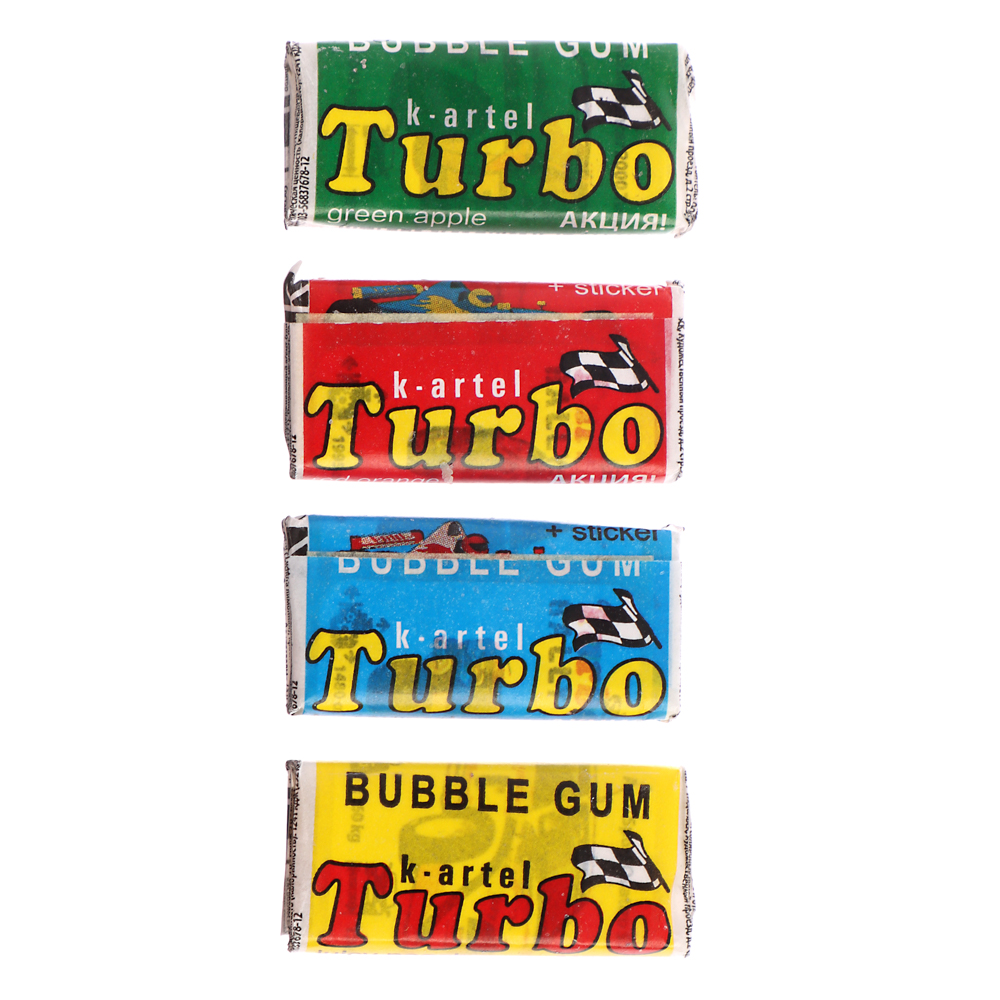 Жевательная резинка Турбо, ассорти со вкусами дыни, апельсина, персика и яблока, с наклейкой, 4,5гр, арт.№ 347-354
