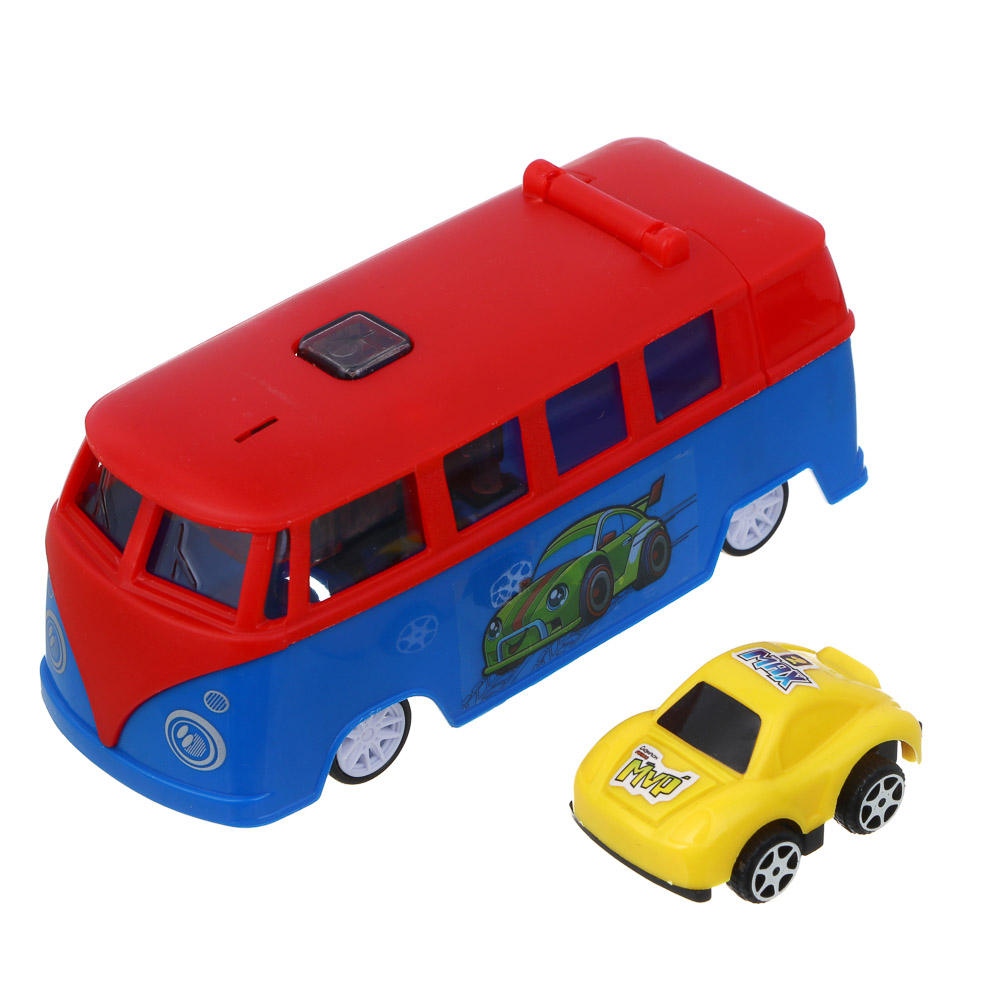 ИГРОЛЕНД Автобус запускалка с машинкой внутри, инерция, АБС, 12,4х5,3х5,2 см, 4 дизайна, арт.№ 292-410