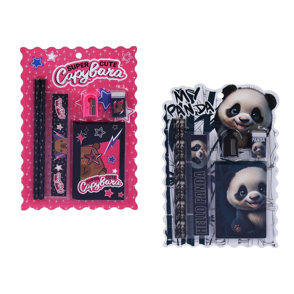 Набор канцелярский "Панда/Капибара", 6 предметов (2 карандаша, точилка, линейка, блокнот, ластик), 15,8х24,5 см, арт.№ 524-274