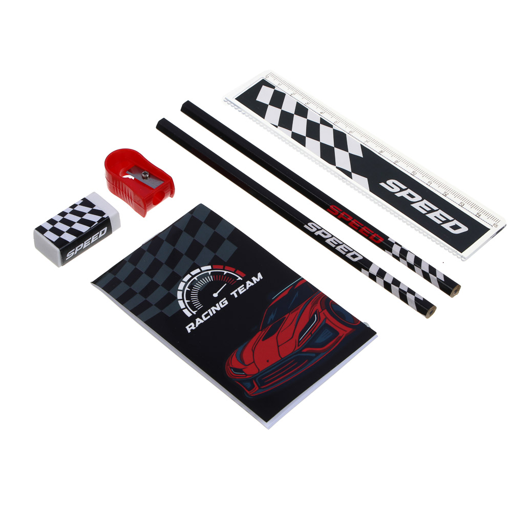 Набор канц., 6 пред,"Рэйсинг Тим/Футбол"(2 карандаша, точилка, линейка, блокнот, ластик),15,8х24,5см, арт.№ 524-275