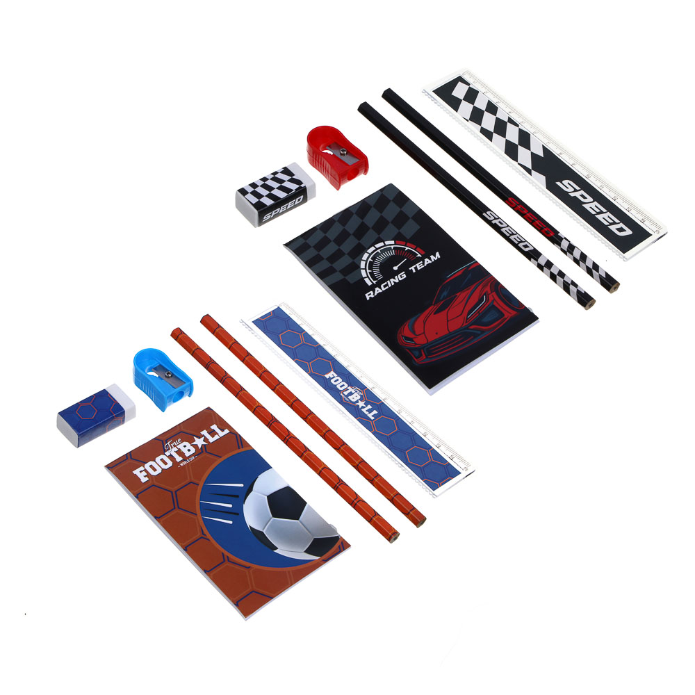 Набор канц., 6 пред,"Рэйсинг Тим/Футбол"(2 карандаша, точилка, линейка, блокнот, ластик),15,8х24,5см, арт.№ 524-275
