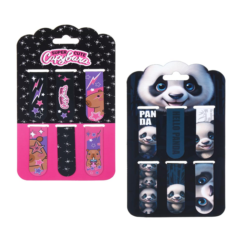 Магнитные закладки, 6 шт., "Панда/Капибара", 12x1,9см, размер упаковки 18,3x10,3см, арт.№ 524-277