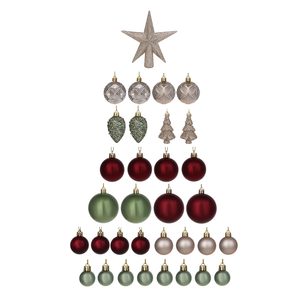 СНОУ БУМ Набор шаров и украшений 32 шт, 3см, 4см, 5см, 6см, 8см, шампань, бордовый, фисташковый, арт.№ 309-080
