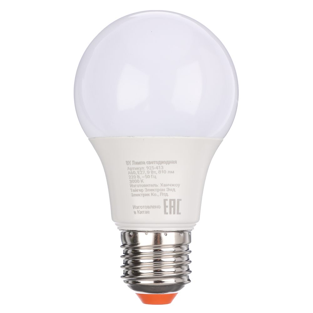 Лампа светодиодная BY A60 9 Вт, E27, 810 Лм, 3000 K, 175-265 В, Ra>80, IRF <5%,IC, 2 года гар., арт.№ 925-413