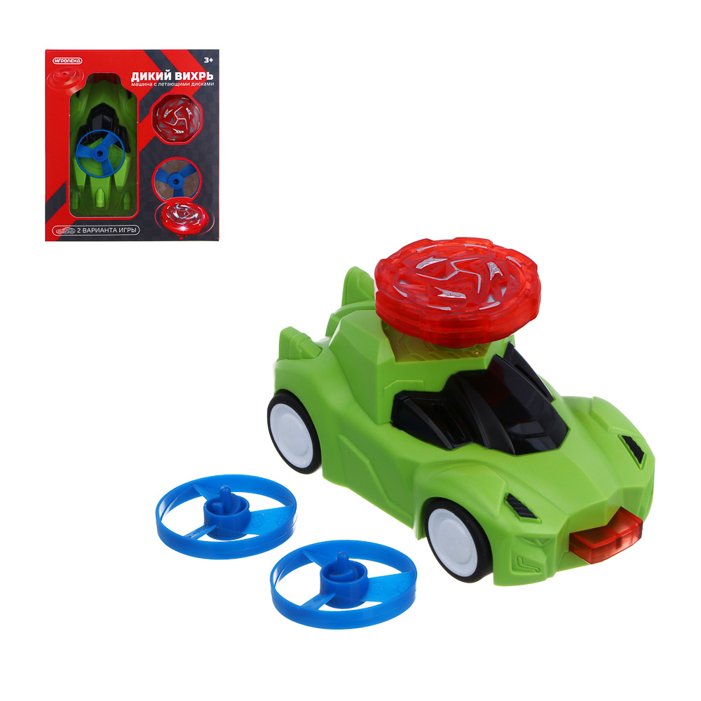 ИГРОЛЕНД Машинка "Дикий вихрь", летающ.диск, светящ.волчок, инерция, 3LR41,ABS,16х14,3х6 см, 4 диз., арт.№ 292-420