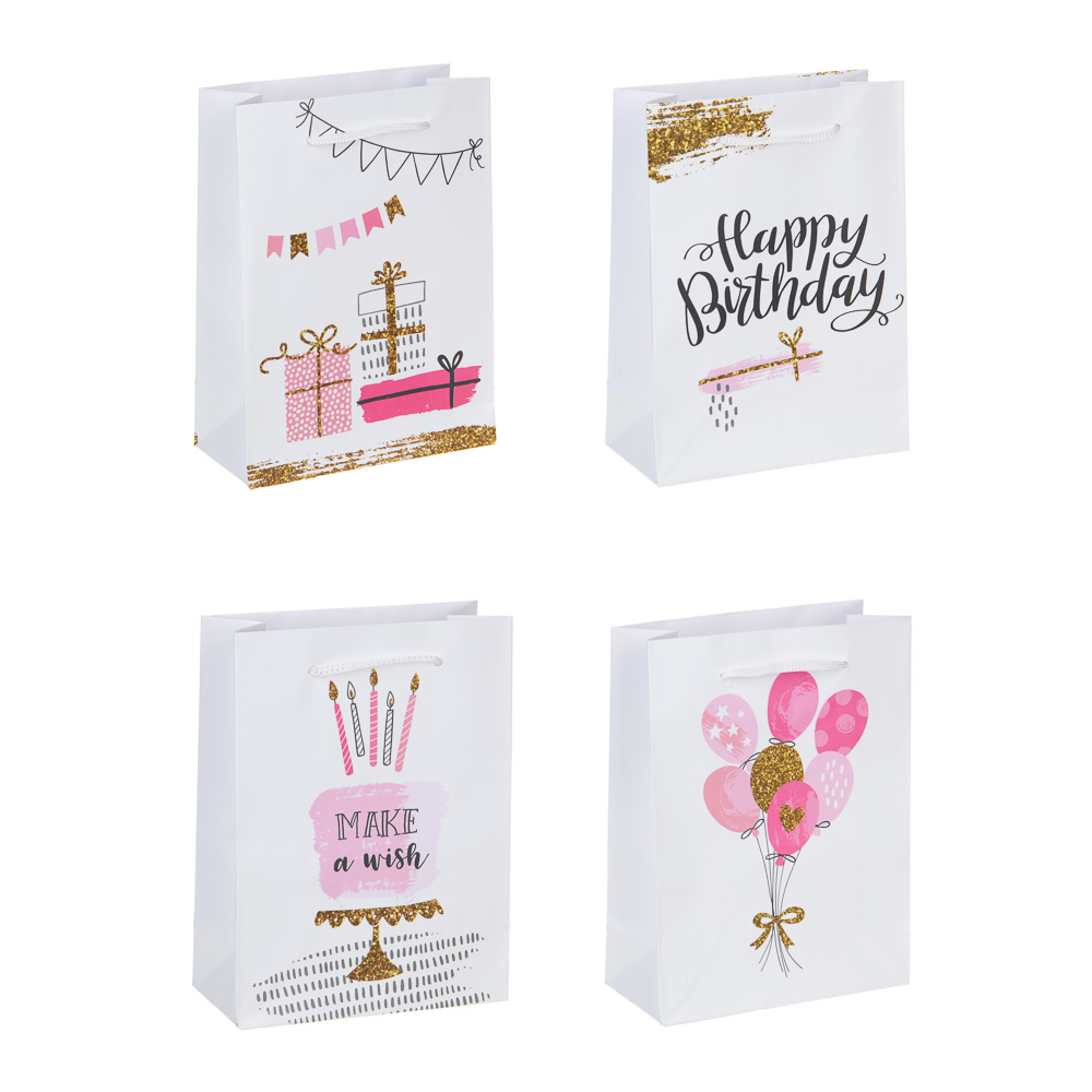 Пакет подарочный бумажный, S 16x12x5,5 см, 128 гр, 4 дизайна, Happy Birthday, арт.№ 507-346