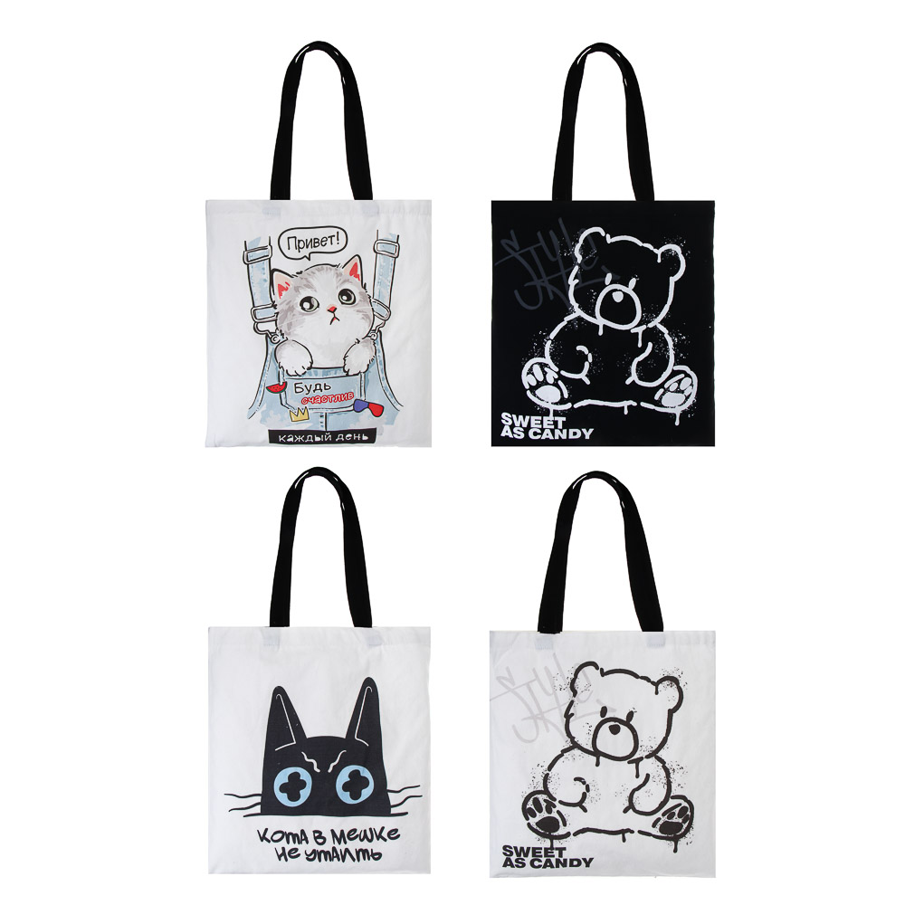 Сумка-шоппер, "Котики/Мишки", 38x42см, длина ручек 58 см, внутр. карман, полиэстер, 4 дизайна, арт.№ 524-287