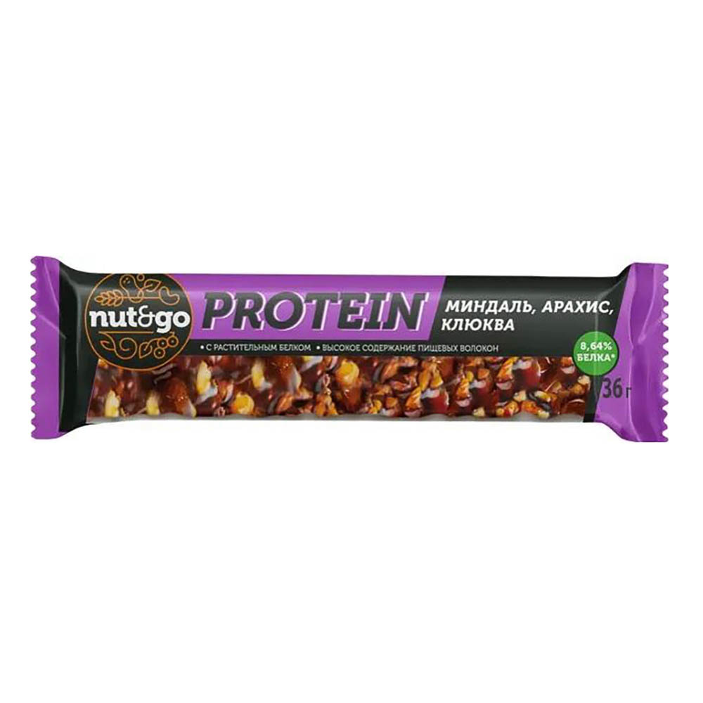 Батончик «Nut&Go» Protein миндаль, арахис, клюква, 36 г, арт.№ 347-584