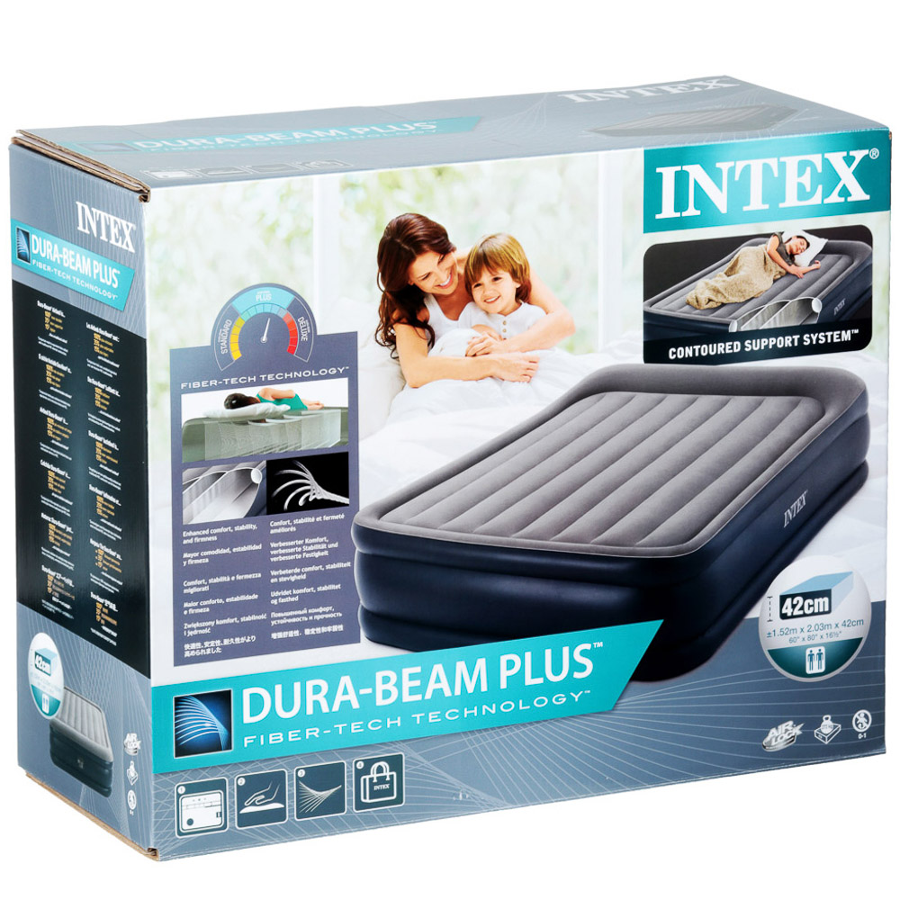 INTEX Кровать надувная с подголовником QUEEN DELUXE, FIBER-TECH, встр.электронас, 152х203х42см,64136, арт.№ 108-081