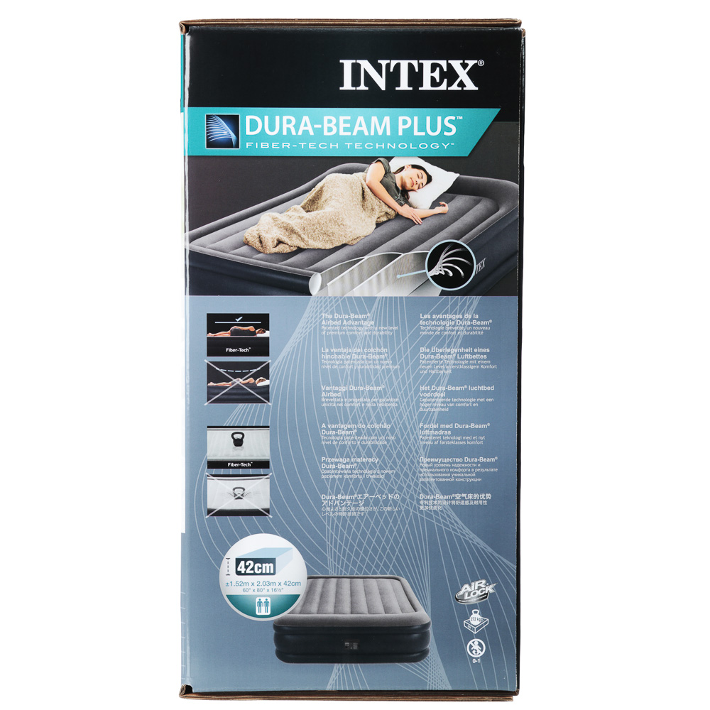 INTEX Кровать надувная с подголовником QUEEN DELUXE, FIBER-TECH, встр.электронас, 152х203х42см,64136, арт.№ 108-081