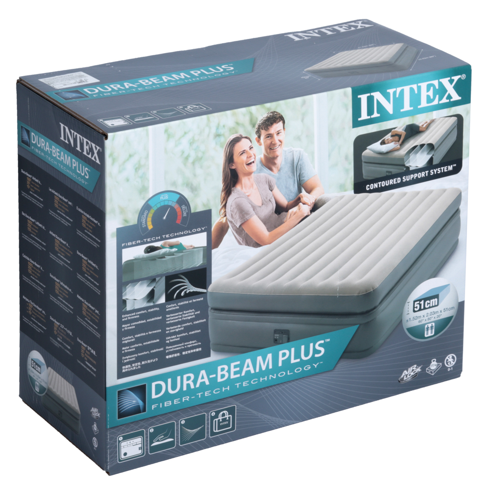 INTEX Кровать надувная QUEEN COMFORT ELEVATED, FIBER-TECH, встр.насос 220В, 152х203х51см, 64164NP, арт.№ 108-082