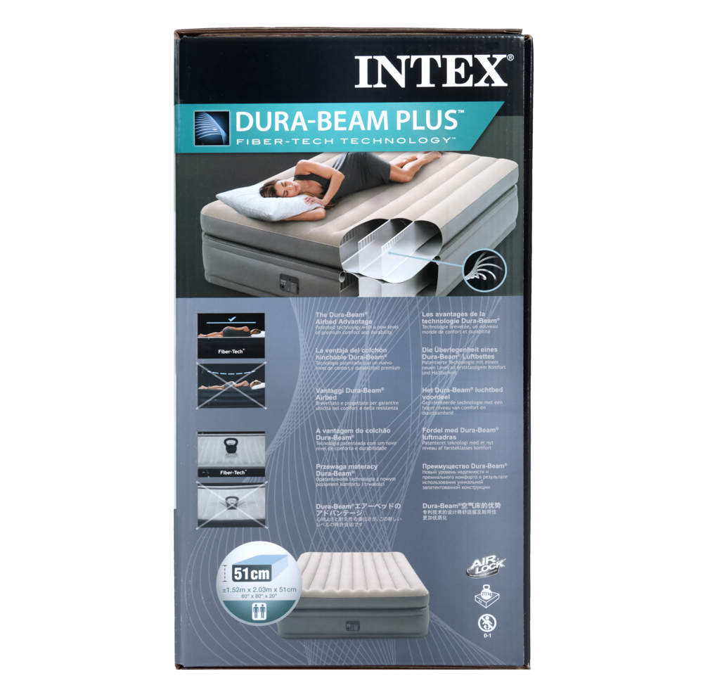 INTEX Кровать надувная QUEEN COMFORT ELEVATED, FIBER-TECH, встр.насос 220В, 152х203х51см, 64164NP, арт.№ 108-082