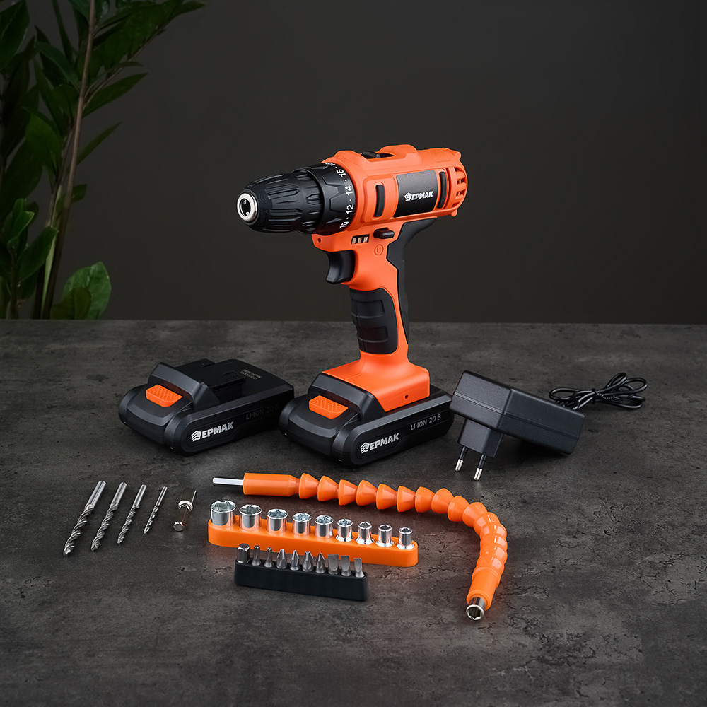 ЕРМАК Набор электроинструмента 29 предметов, шуруповерт 20В (2А*ч, 2шт, 35Н*м) (ONE), арт.№ 691-047