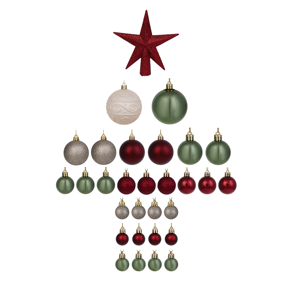 СНОУ БУМ Набор шаров и украшений 30 шт, 3см, 4см, 6см, 8см, красный, зеленый, белый, арт.№ 309-090