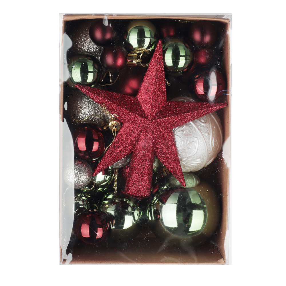 СНОУ БУМ Набор шаров и украшений 30 шт, 3см, 4см, 6см, 8см, красный, зеленый, белый, арт.№ 309-090