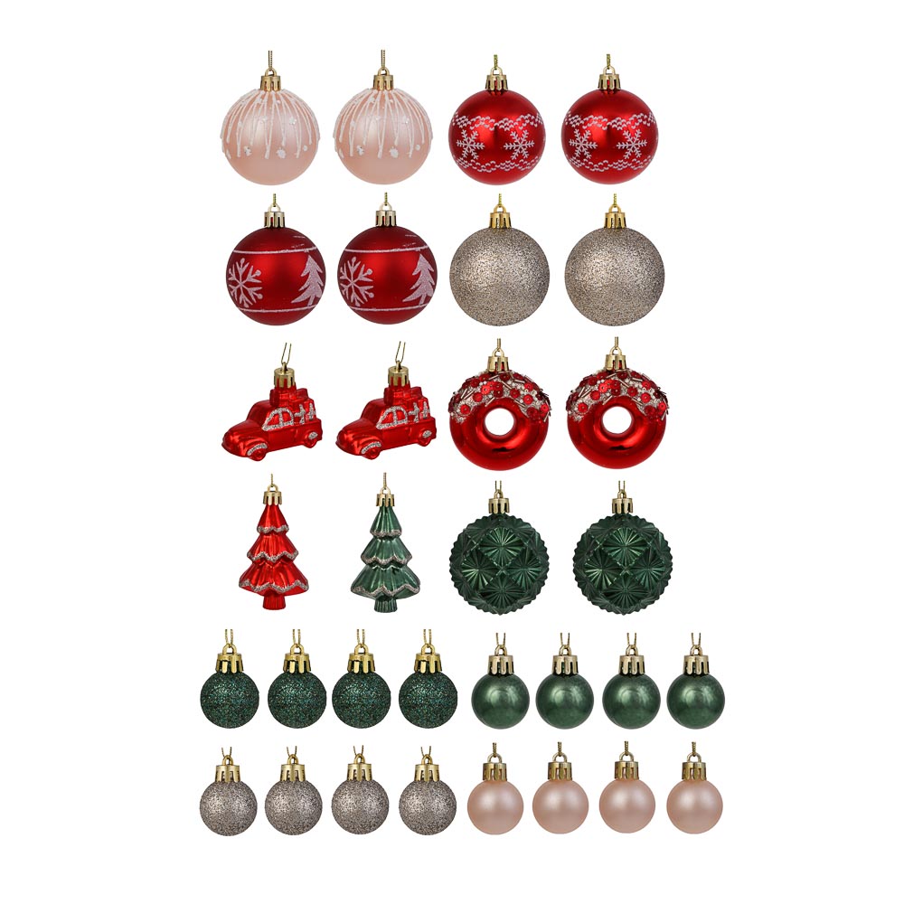 СНОУ БУМ Набор шаров и украшений, 32 шт, 3см, 6см, 7см, 8см, красный , зеленый, шампань, арт.№ 309-092