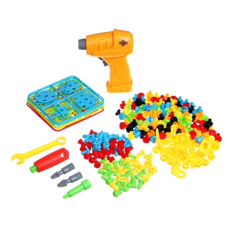 ИГРОЛЕНД Конструктор с шуруповёртом в чемоданчике "Шурупики", РР, ABS, 24,5х7,5х18,5см, 2 дизайна, арт.№ 859-100