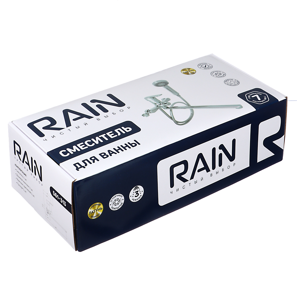 RAIN Смеситель для ванны Обсидиан, прямой излив 35см, душ. набор, картридж 35мм, латунь, хром, арт.№ 561-313