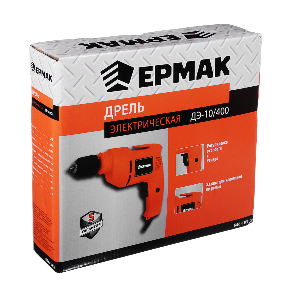 ЕРМАК Дрель электр. ДЭ-10/400, 400 Вт, быстрозаж. патрон 10мм, 0- 2800 об/мин, рег.скорости, реверс., арт.№ 646-183