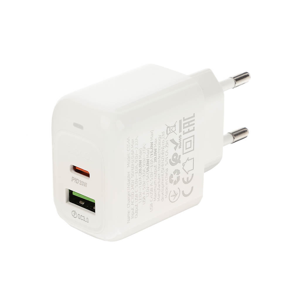 Сетевое зарядное устройство hoco. модель CS54A, USB-С PD 20W+QC3.0, цвет: белый, арт.№ 916-320