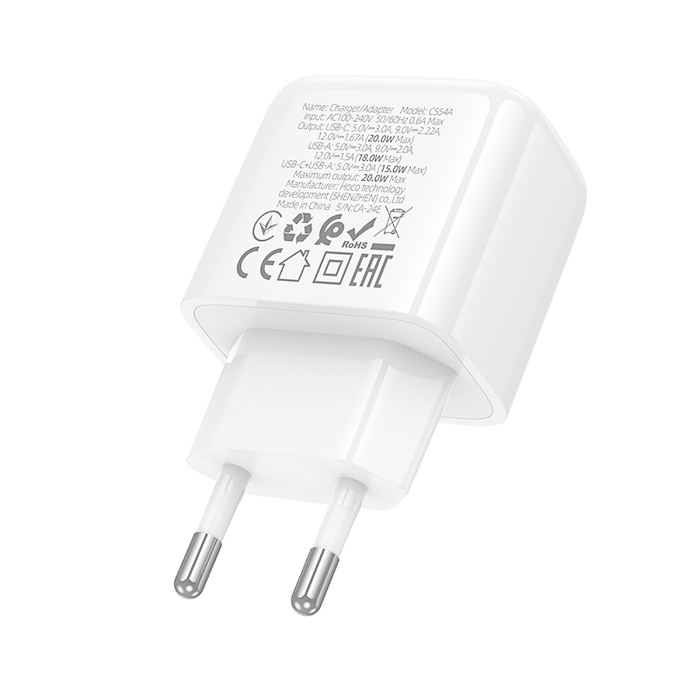 Сетевое зарядное устройство hoco. модель CS54A, USB-С PD 20W+QC3.0, цвет: белый, арт.№ 916-320