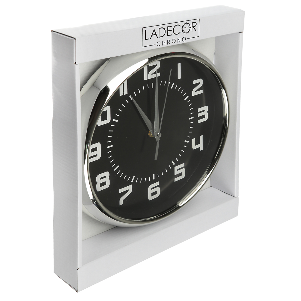 LADECOR CHRONO Часы настенные, 25 см, в хромированном канте, черные, пластик, 1хАА, арт.№ 581-941