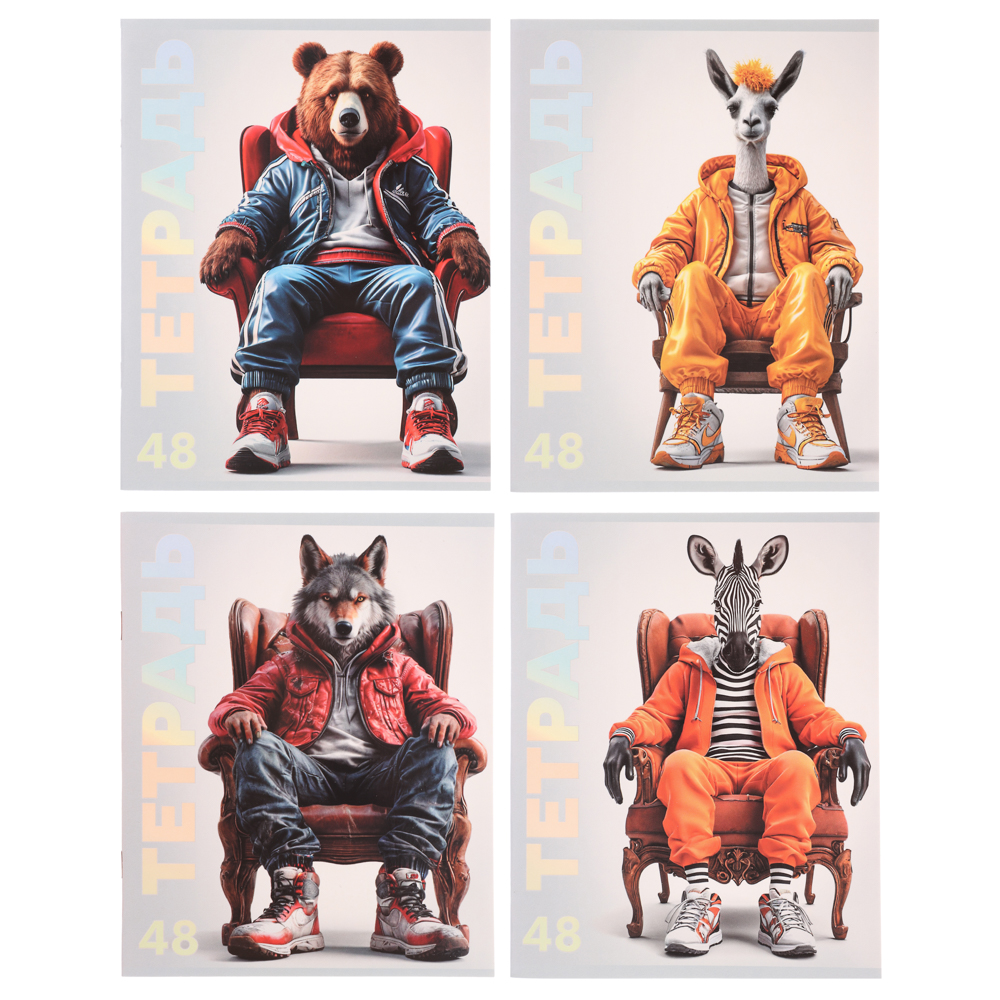 Тетрадь 48л. ClipStudio А5 "Звери в креслах" в клетку, офсет, обл. мел.карт., скрепка,выб лак,4 диз., арт.№ 578-169