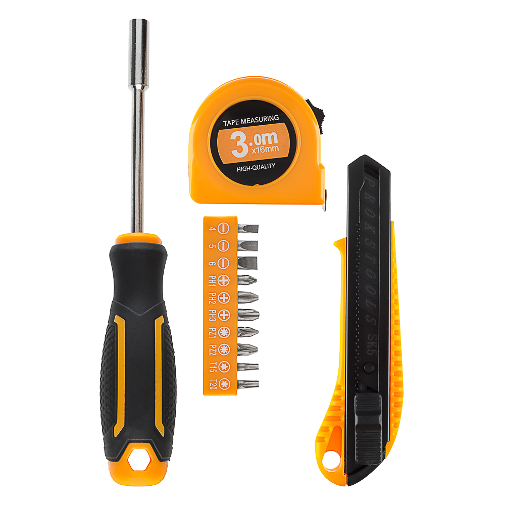 РОКОТ Набор из 13ти предметов, отвертка под биты, 10 бит, нож сегментный 18мм, рулетка 3м, арт.№ 736-259