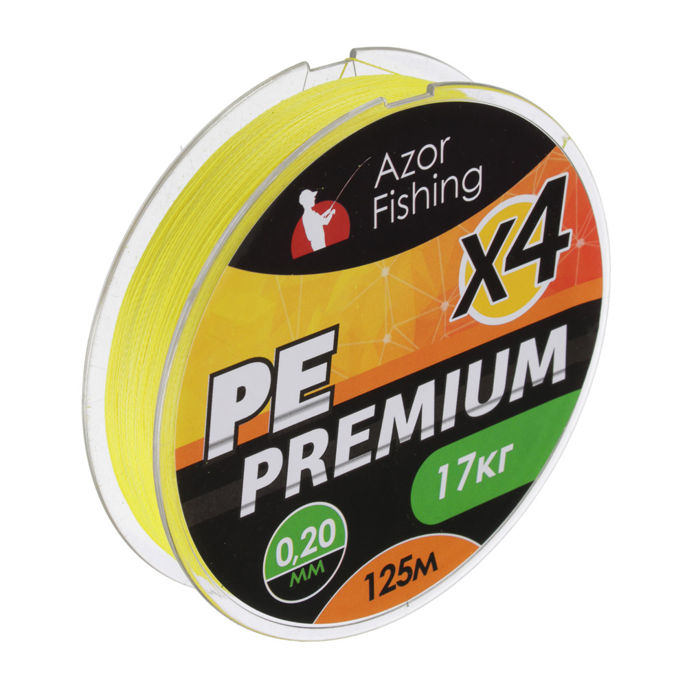 AZOR FISHING Леска плетеная, PE Премиум 4 нити, 125м, 0,20мм, 17,0кг, желтая, арт.№ 144-080