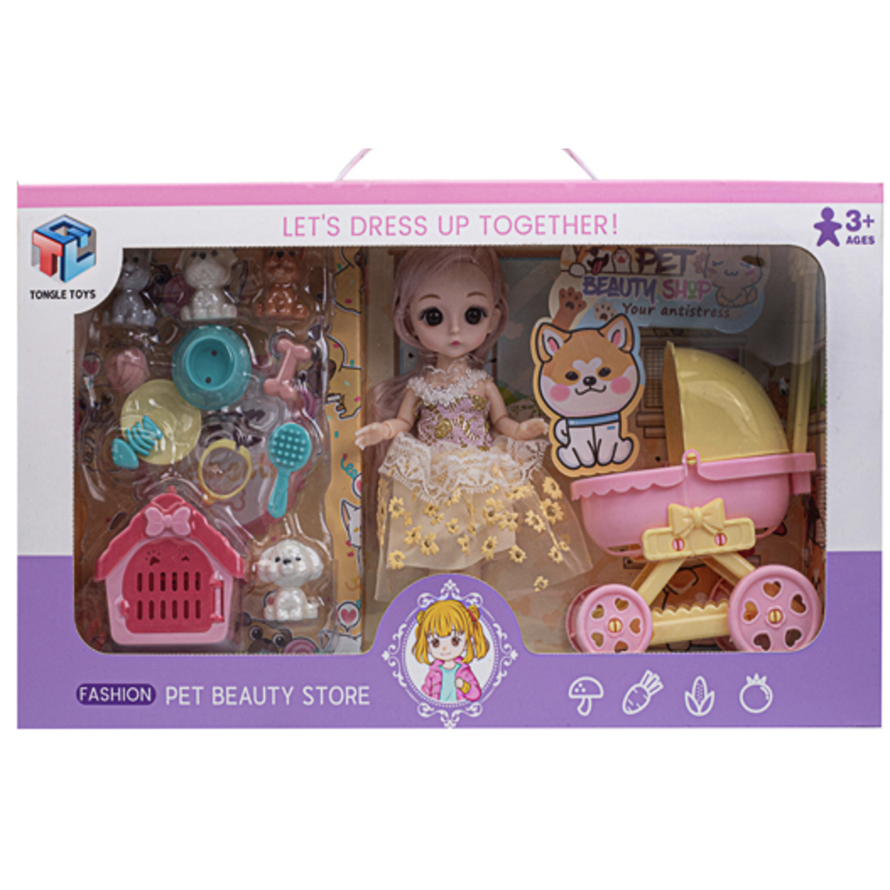 Кукла шарнирная 15 см с коляской и питомцами, PP, PVC, ABS, тм ИГРОЛЕНД, 36,5х7х21 см, 3+, арт.№ 436-219