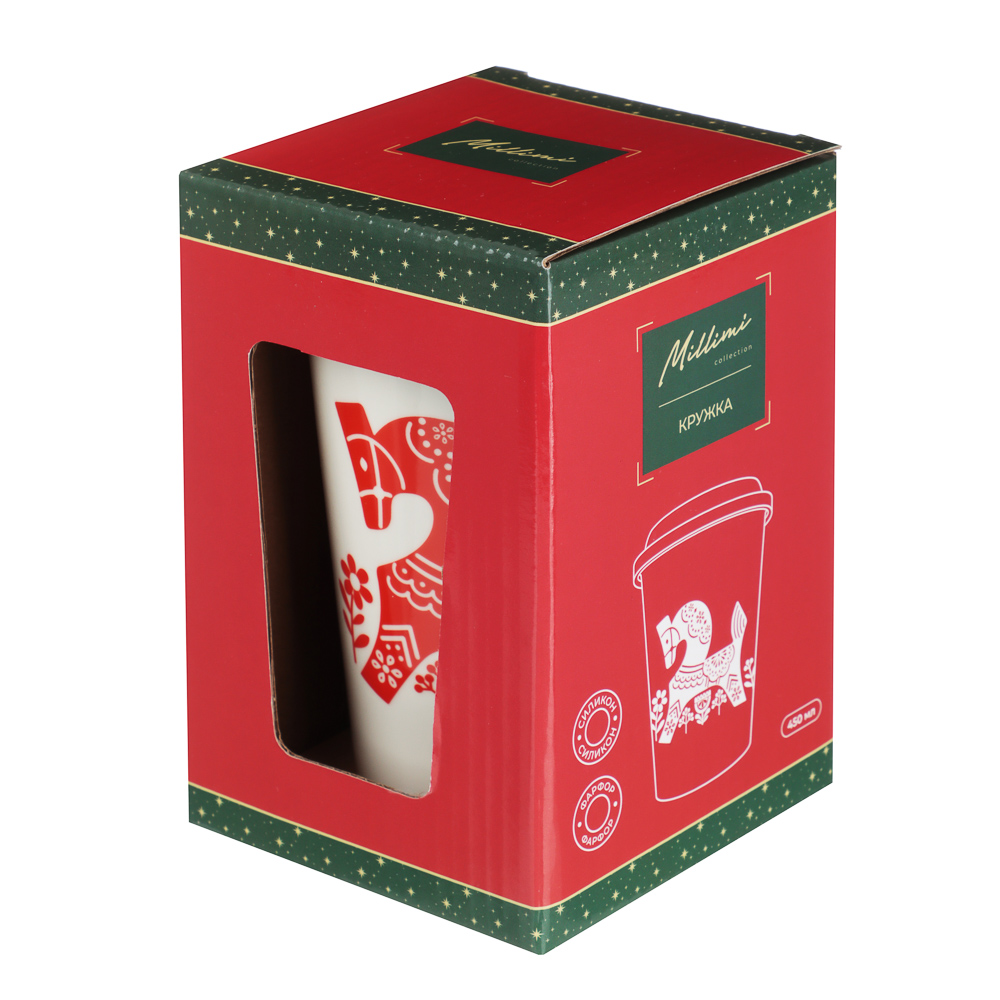 MILLIMI Кружка для кофе с силиконовой крышкой 450мл, фарфор, 2 дизайна, арт.№ 820-915