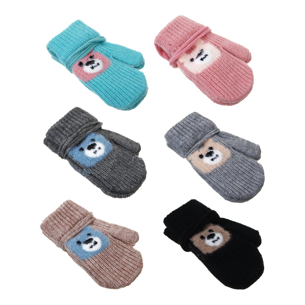 GALANTE Варежки детские на веревке однослойные с начесом, р.12, 100% акрил, разноцветные, ОЗ25-39, арт.№ 363-455