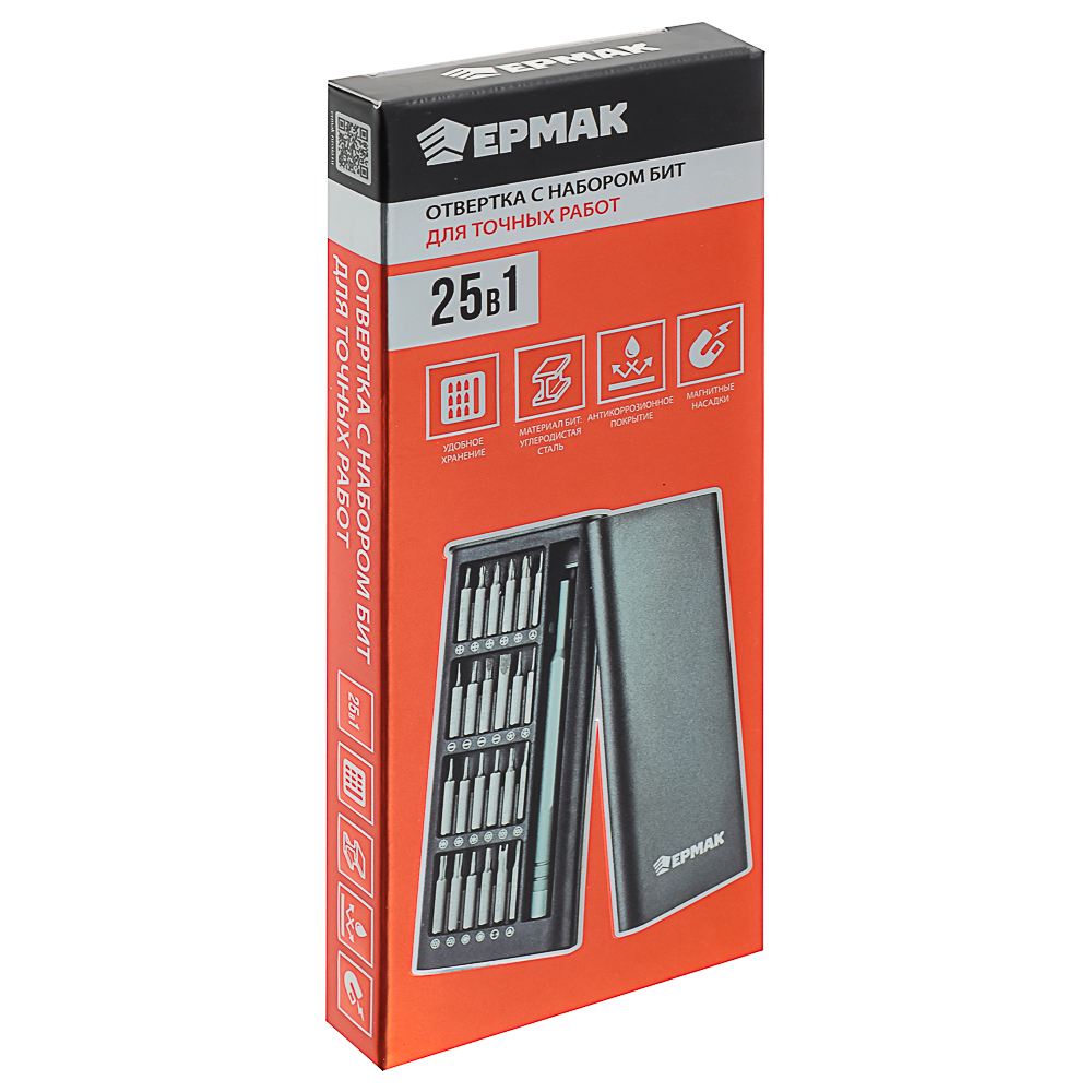 ЕРМАК Набор для точных работ 25в1: отвертка + биты 24шт (фосфоритовые,25мм), кейс пластик, арт.№ 736-264